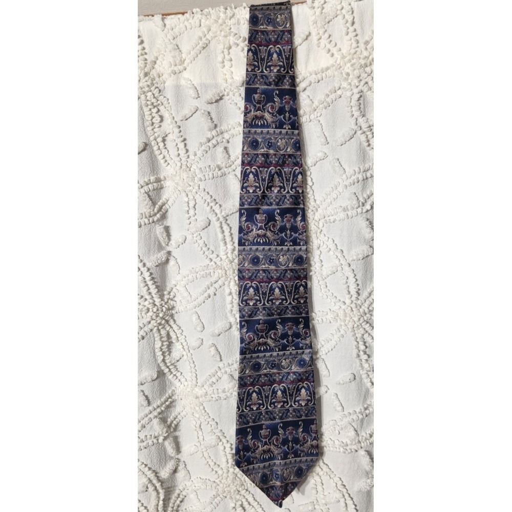 Oscar de la Renta Mens Silk Tie Blue Grey Damask Floral‎ Necktie Designer Formal